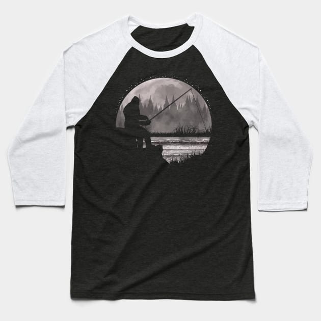 Bigfoot Fishing Baseball T-Shirt by Tesszero